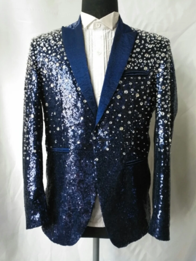 luxury mens navy blue rhinestone beading handsewing full sequined tuxedo jacket/stage performancen/stuido/red carpet/can customs