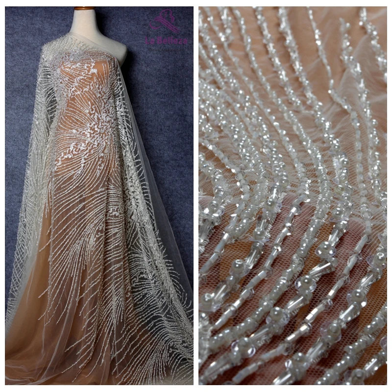 La Belleza 1 yard new beautiful fashion design pearls crystal sequins hand made super heavy beaded wedding dress lace fabric