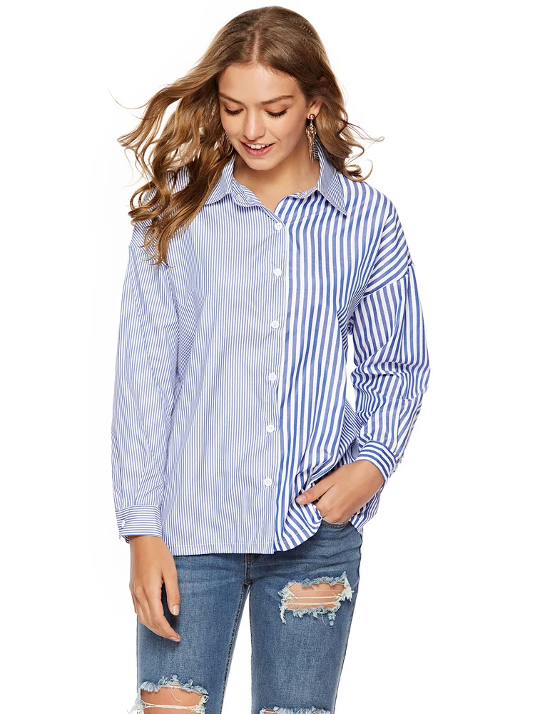 Blusa feminina manga comprida gola virada para baixo, camisa feminina listrada solta casual plus size 2019