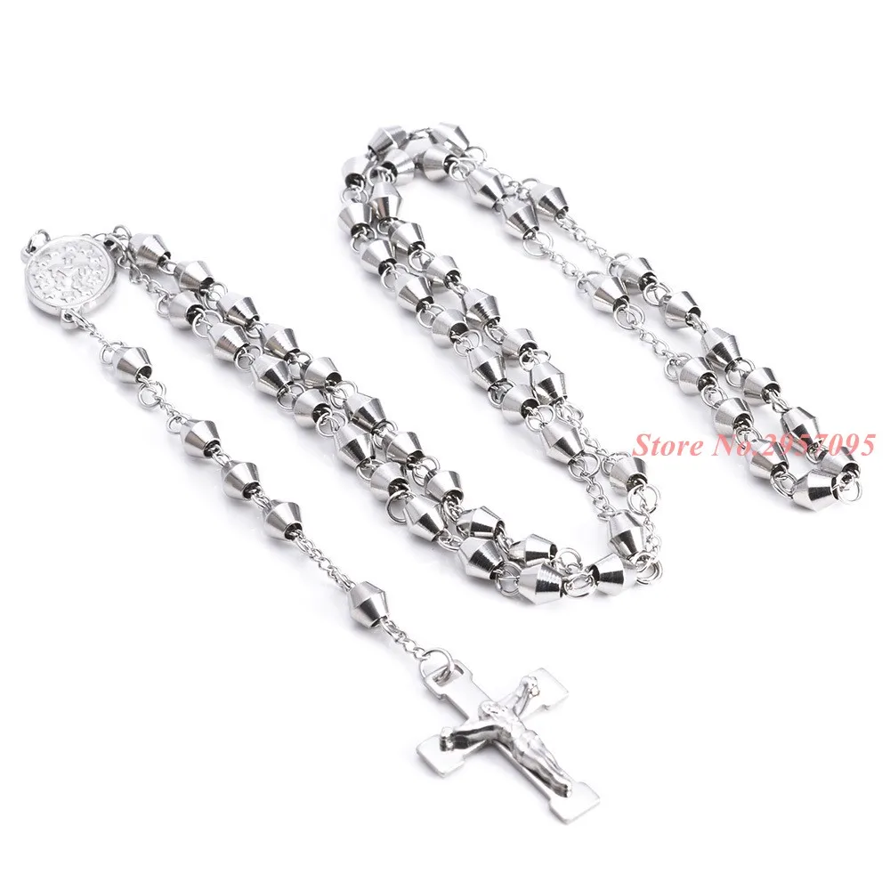 Womens Mens Necklace 4/6mm Stainless Steel Bead Rosary Chain Jesus Christ Cross Pendant Charm Jewelry