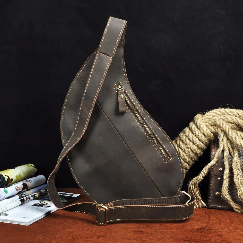 Quality Men Crazy Horse Leather Casual Triangle Chest Bag Sling Bag Design Travel One Shoulder Bag Crossbody Bag For Male 9918