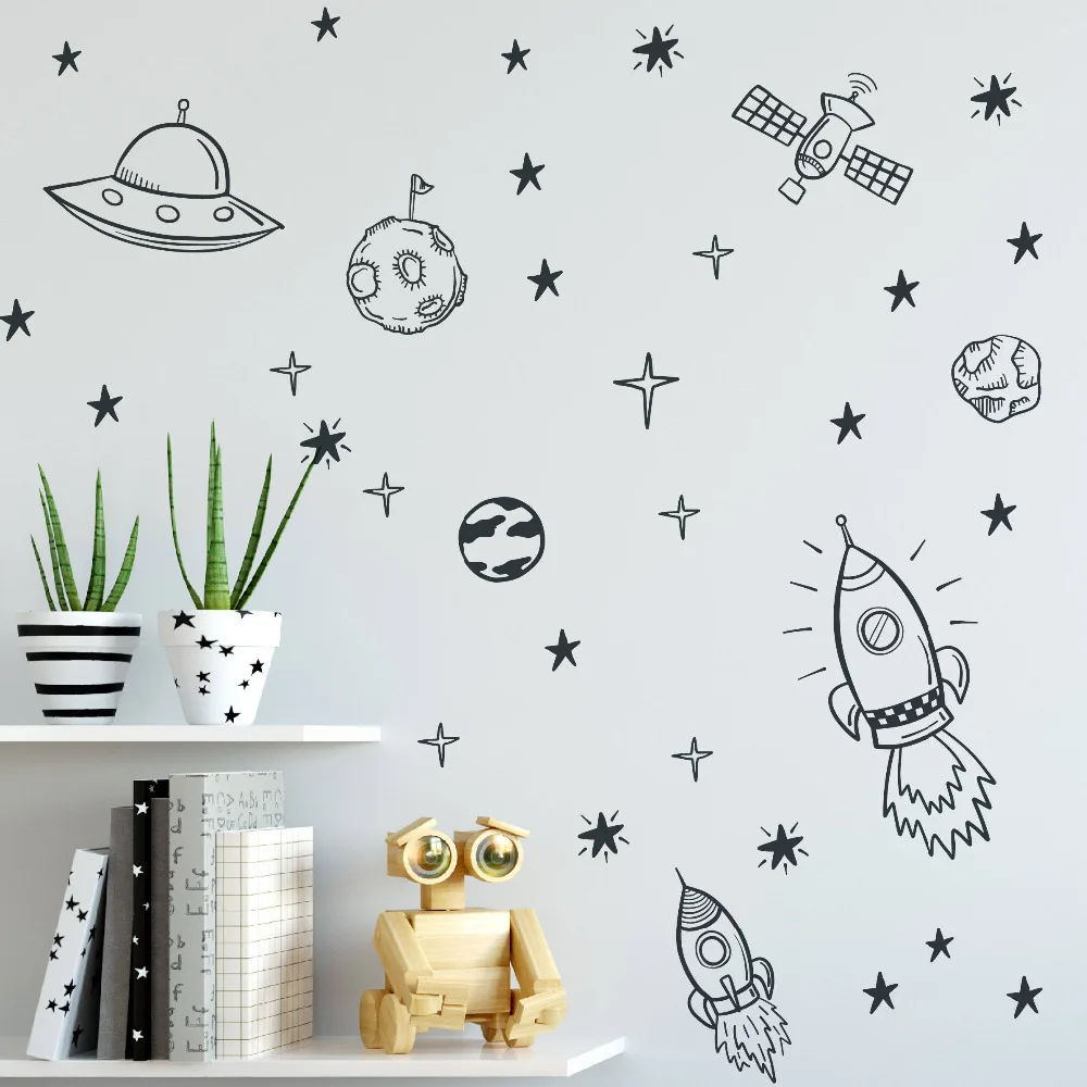 Calcomanías de pared espaciales para habitación de niño, pegatina de pared de guardería, decoración de cohete, barco, astronauta, calcomanía de vinilo, decoración de planetas para niños ZB163