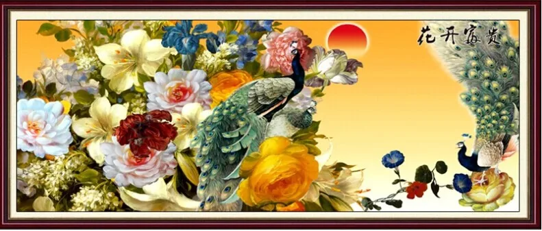 Needlework,DIY Cross stitch,Sets Full Embroidery kit,Peony Flower Rich Peacock Pattern Print Scenic Cross-Stitch,Wall Home Decro