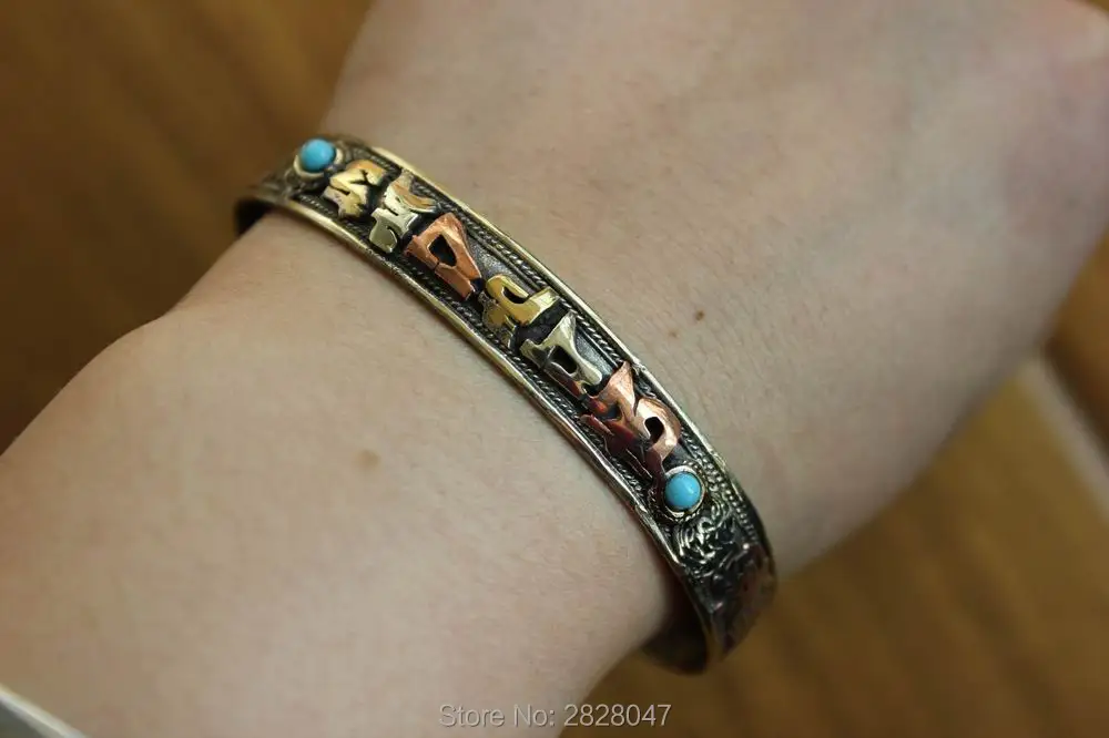 BR423 Tibetan 3 Metal Copper Brass 6 words mantran Om Mani Padme Hum Bangle Nepal Handmade Open Back Adjustable Bracelet Cuff