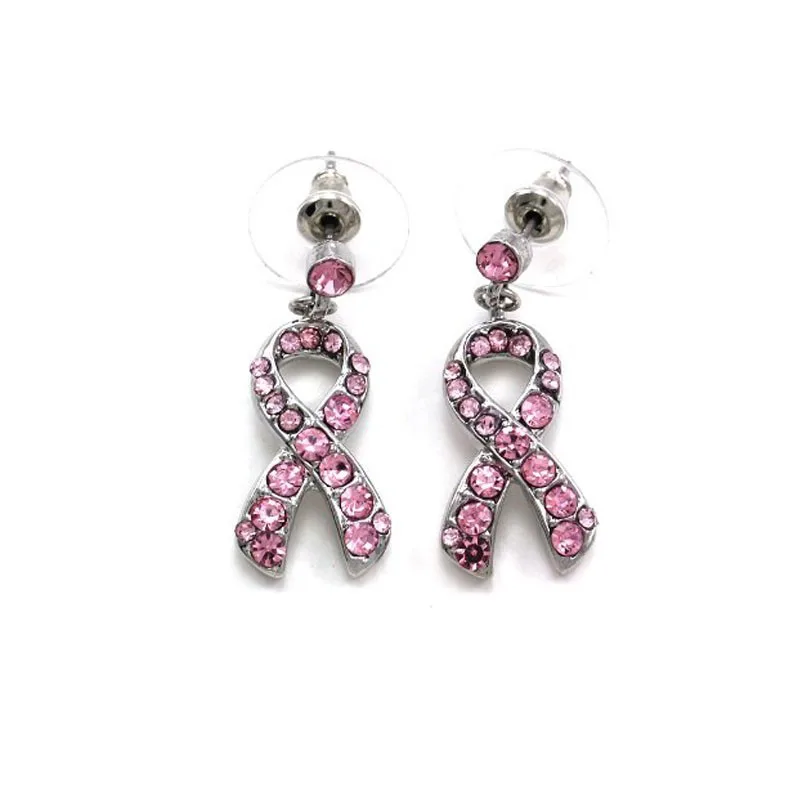 

Light Pink Ribbon Breast Cancer Awareness Stud Post Earrings Rhinestones