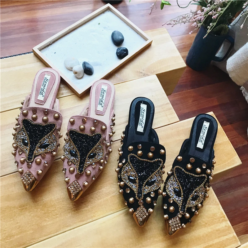 SWYIVY Mules Shoes Woman Flat Slippers With Rhinestone 2019 Spring Shoes Casaul Female Mules Flats Slip On Loafers For Woman