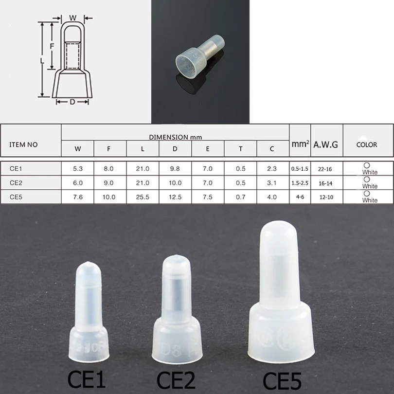 REALLY 100 PCS CE1 CE2  CE5 Closed End Crimp Caps Electrical Wire Cable Terminals Connectors Set AWG 12-10 16-14 22-16