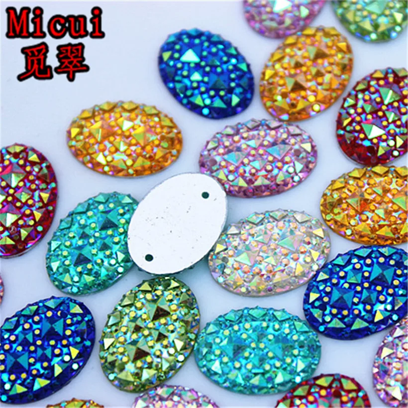 Micui 100PCS 13*18mm Sew on 2 Hole Mix AB Color Resin Oval Flatback Stone  DIY Wedding Decoration ZZ332