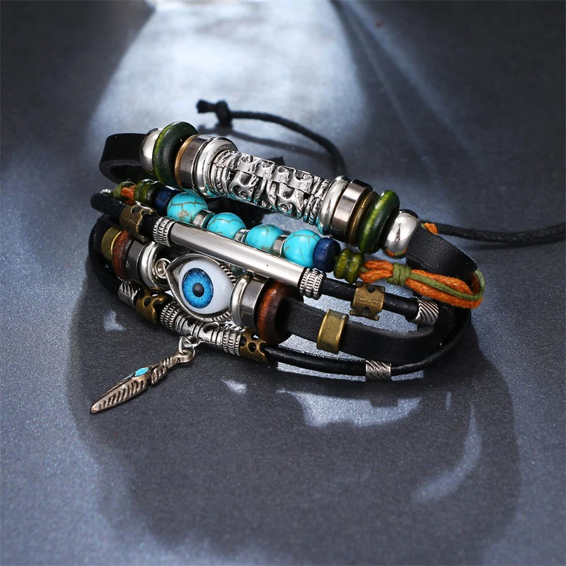 IFMIA BOHO Tibet Stein Feder Multilayer Leder Armband Auge Fisch Charme Perlen Armbänder für Männer Vintage Punk Wrap Armband