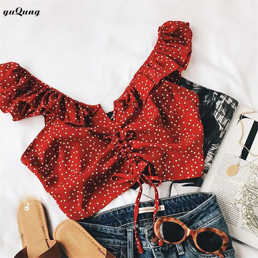 yuqung Sexy polka dot ruffles off shoulder crop top women summer Drawstring  Runch Cropped Camis 90s Tees Street wear P02