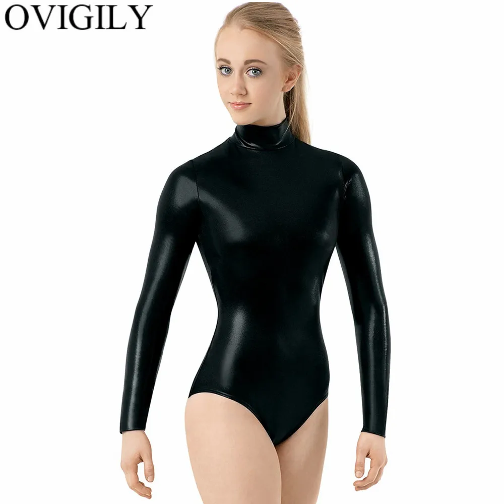 Ovigily-女性用のメタリックシルバーのダンスレオタード,ハイカラーの