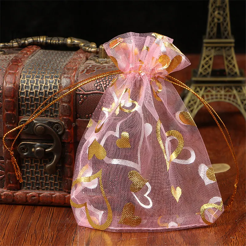 

Hot Sale 500pcs/lot Small Pink Organza Bags 7x9cm Hearts Design Wedding Candy Jewelry Packaging Bag Organza Gift Bag Pouches
