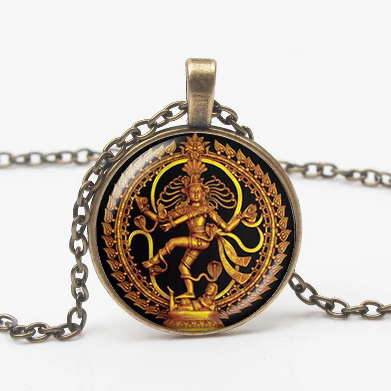 Vintage Golden Buddha Statue Destruction Dance Necklace Shiva Crystal Pendant God Jewelry Indian Spirit Buddhism Amulet Gift