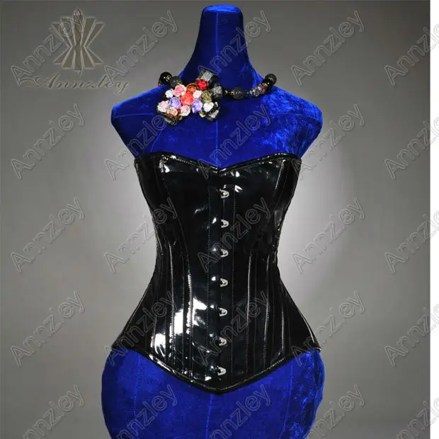 Annzley Corset! Sexy Black Leather Overbust Steel Boned PVC Corset