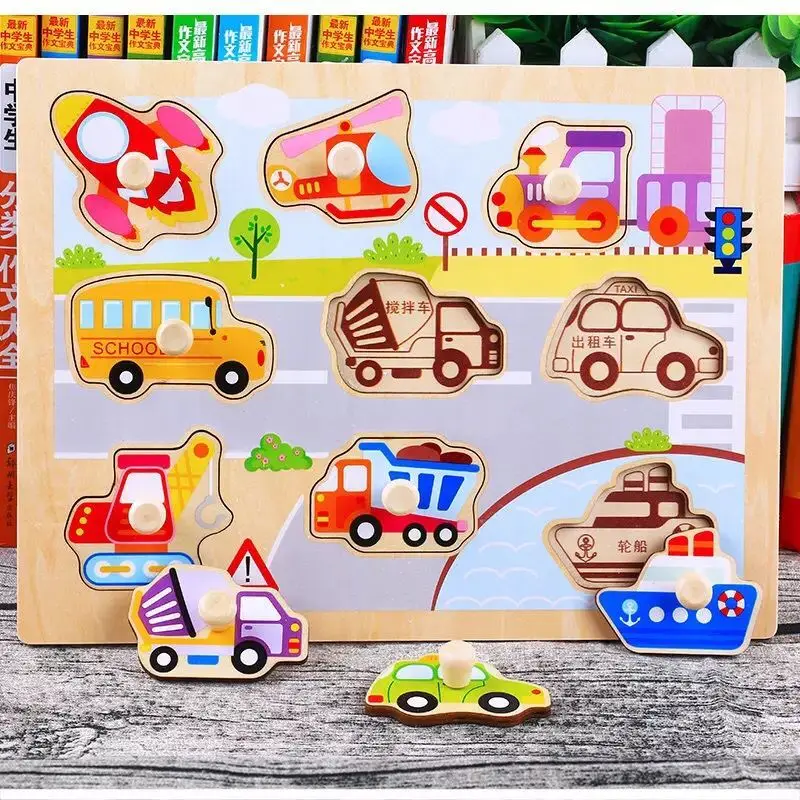 1PCS Wooden Puzzles For Children Educational Toys Cartoon Grab Knob Puzzles Toy