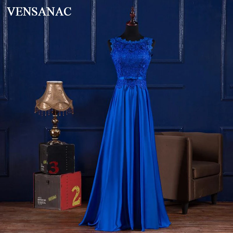 

VENSANAC O Neck Lace Embroidery A Line Long Evening Dresses Elegant Party Tank Bow Sash Satin Prom Gowns