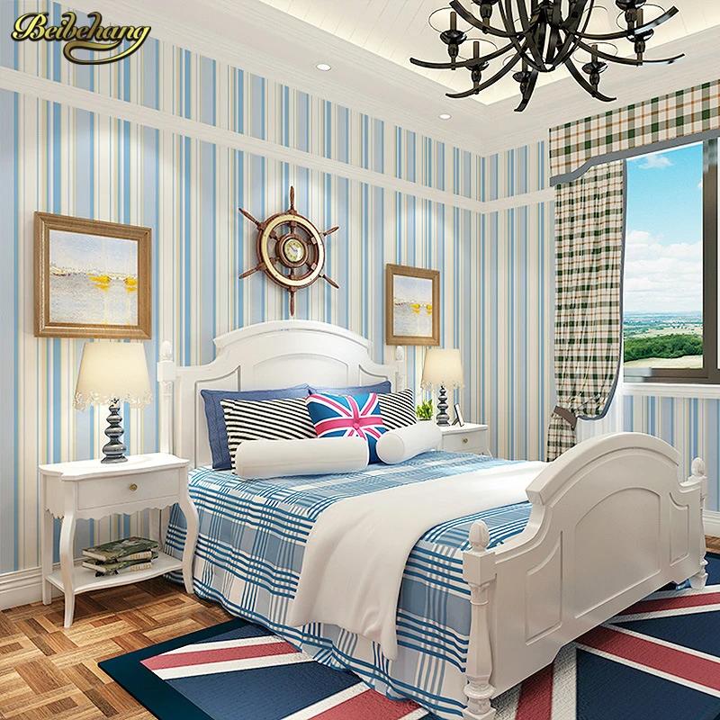 beibehang papel de parede Mediterranean blue simple modern vertical stripes wallpaper living room bedroom bedside background