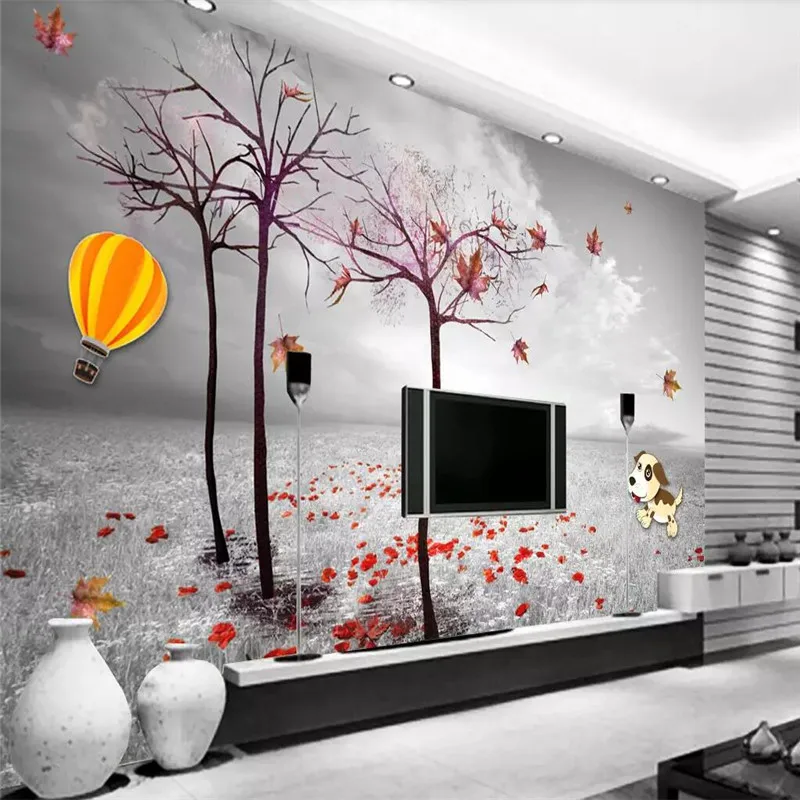 

Custom 3D wallpaper simple tree maple tree leaf leaf retro TV background wall professional manufacturing mural photo wallpaper