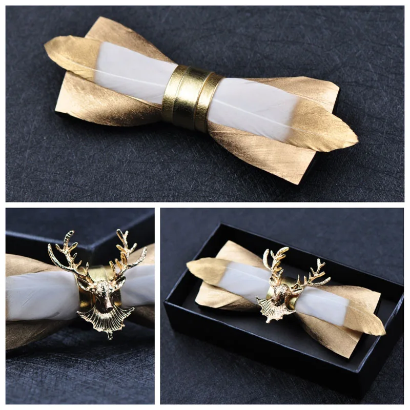 

New Free Shipping fashion casual Men's Golden feather stitching leather gold black deer head bow tie male groom wedding