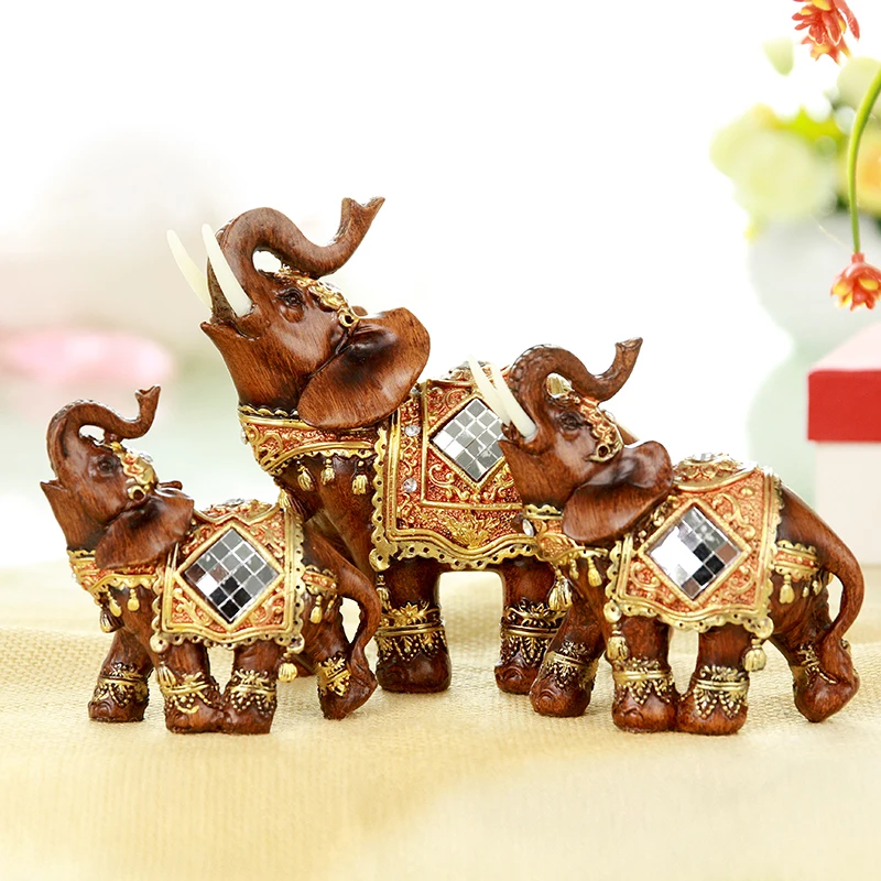 3PCS Resin Elephant Statue Sculpture Mascot Lucky Feng Shui Wealth Figurine Birthday Gift Carved Natural Stone Office Home Decor