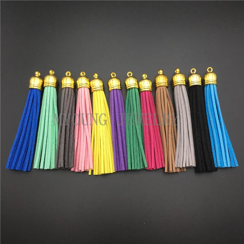 MY0808 Boho Leather Knot Tassels,85 mm Suede Tassels,Gold Tone Cap Tassel Charms, Cellphone Earrings Fringe Pendant Tassels