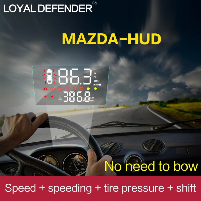 Leal defender carro hud cabeça up display brisa projetor auto sistema de aviso sobrevelocidade tensão alarme obd2 carro para mazda