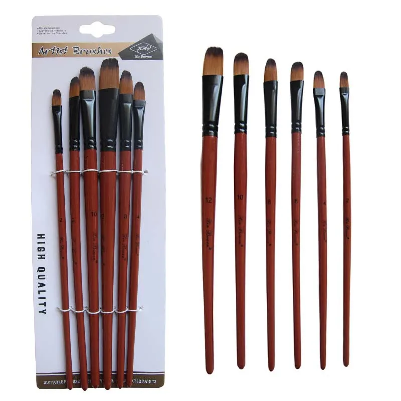 Nylon Hair Oil Paint Brush Round Filbert Angel Flat Acrylic Learning Diy Watercolor Pen for Artists Painters Beginners, 6Pcs/set