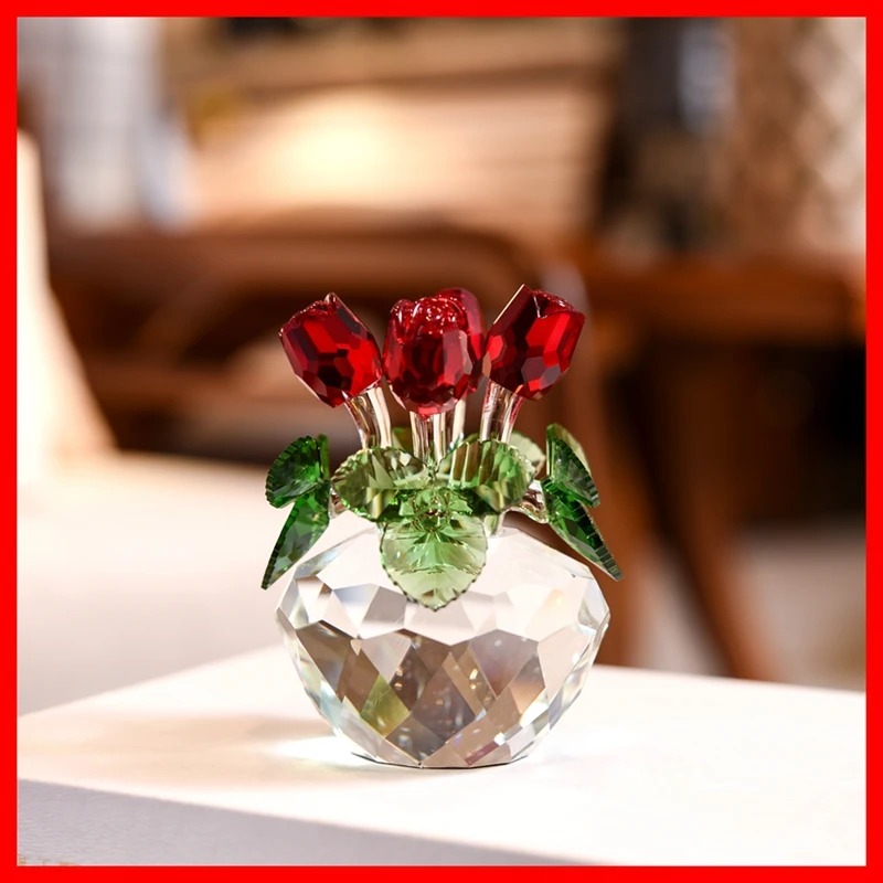 Souvenir Gift Crystal Red Rose Flower Figurine Spring Bouquet Sculpture Ornaments Gift-Boxed Home Wedding Decor Favors