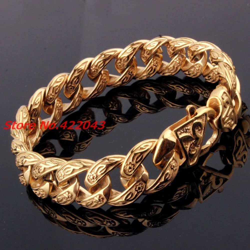 New Fashion Mens Bangle 15mm Solid Gold color  Stainless Steel Cast Flower Cuban Link Chain Bracelet 9\