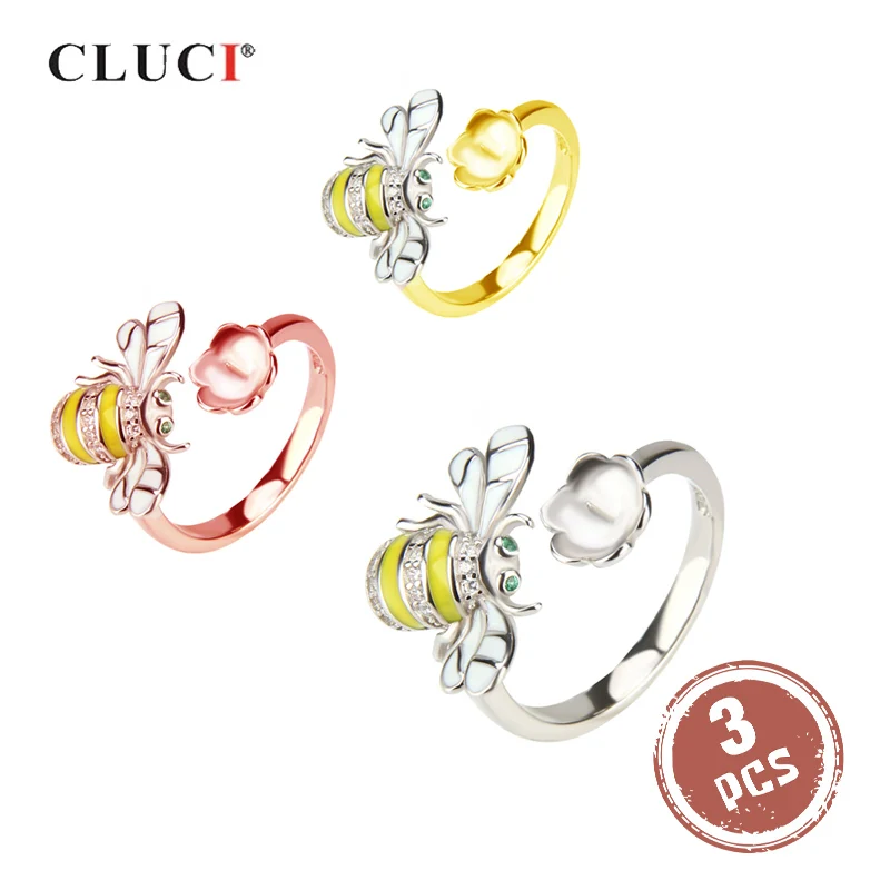 

CLUCI 3pcs 925 Sterling Silver Honeybee Open Ring Jewelry for Women Party Wedding Sterling Silver Zircon Honeybee Ring SR2040SB