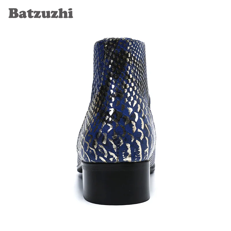 Batzuzhi Luxury Men Boots Short Ankle Leather Boots Fashion Fish scale Leather Lace-up Pointed Toe Blue Party Boots Botas Hombre image 4