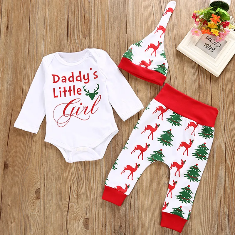 

X'mas Baby Clothes Set 100% Cotton Christmas Newborn Bodysuits Pants Beret Cap Girls Jumpsuits Trouser Deer Tree Clothing Suit