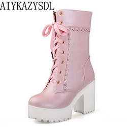 AIYKAZYSDL Lolita rosa bianco stringato tacco alto scarpe da studente piattaforma Cosplay blocco grosso polpaccio medio stivali corti donna taglie forti