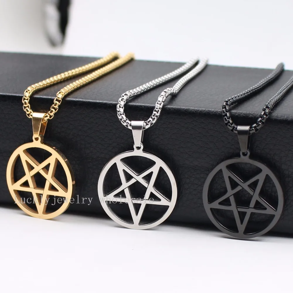 24\'\' Punk Trendy 3mm Square Rolo Chain Stainless Steel 30mm Wicca Inverted Pentagram religion Pendant necklace