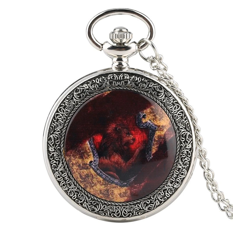 

Silver Big Quartz Pocket Watch Awesome Lion Fire Cover Analog Pendant Necklace Watch Chain Gifts Floral rattan Pocket Watch