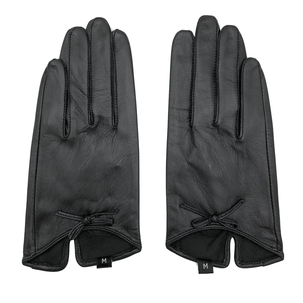 YY8818 Spring Women Genuine Goatskin 100% Pure Leather Short Black Thin Gloves Female Driving/Show Bowknot Luvas Guantes Mujer