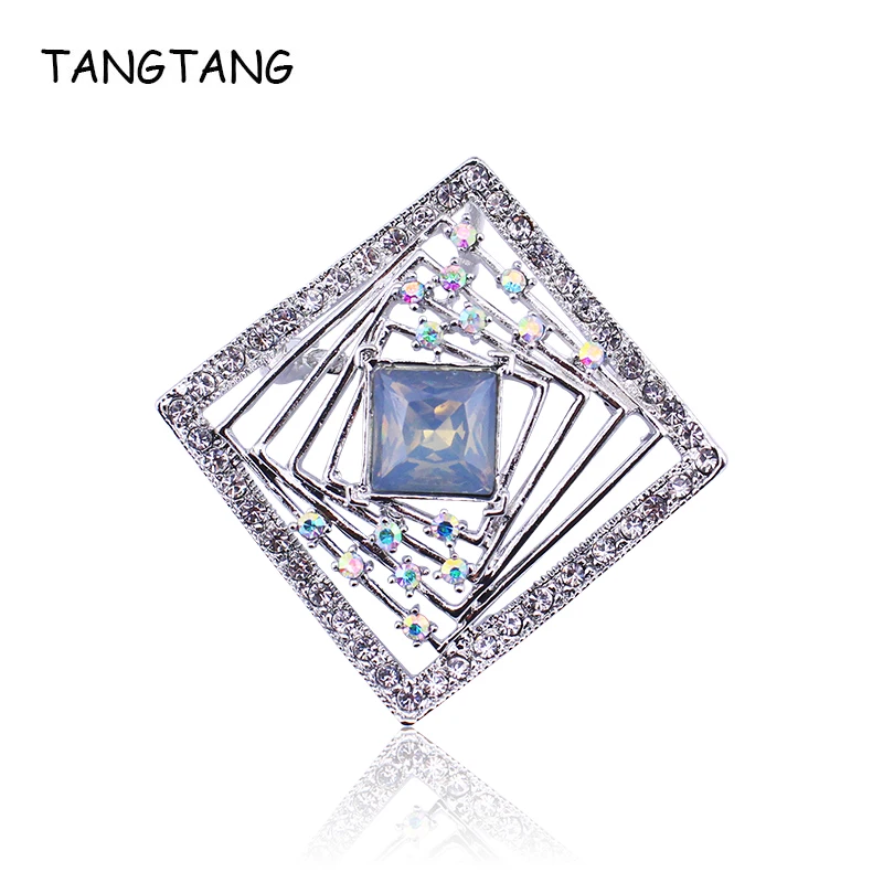 TANGTANG Pin Badges Brooch With Rhinestones Square Brooches Silver Color Crystal Womens Jewellery Metal Charming Brooch Pin Gift