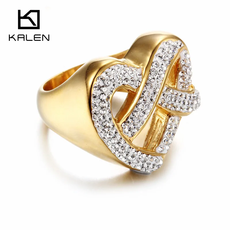 Kalen New Fashion Dubai Gold Color Rings Stainless Steel & Rhinestone Bagues Femme Heart Shaped Party Engagement Couple Jewelry