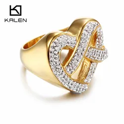 Kalen New Fashion Dubai Gold Color Rings Stainless Steel & Rhinestone Bagues Femme Heart Shaped Party Engagement Couple Jewelry