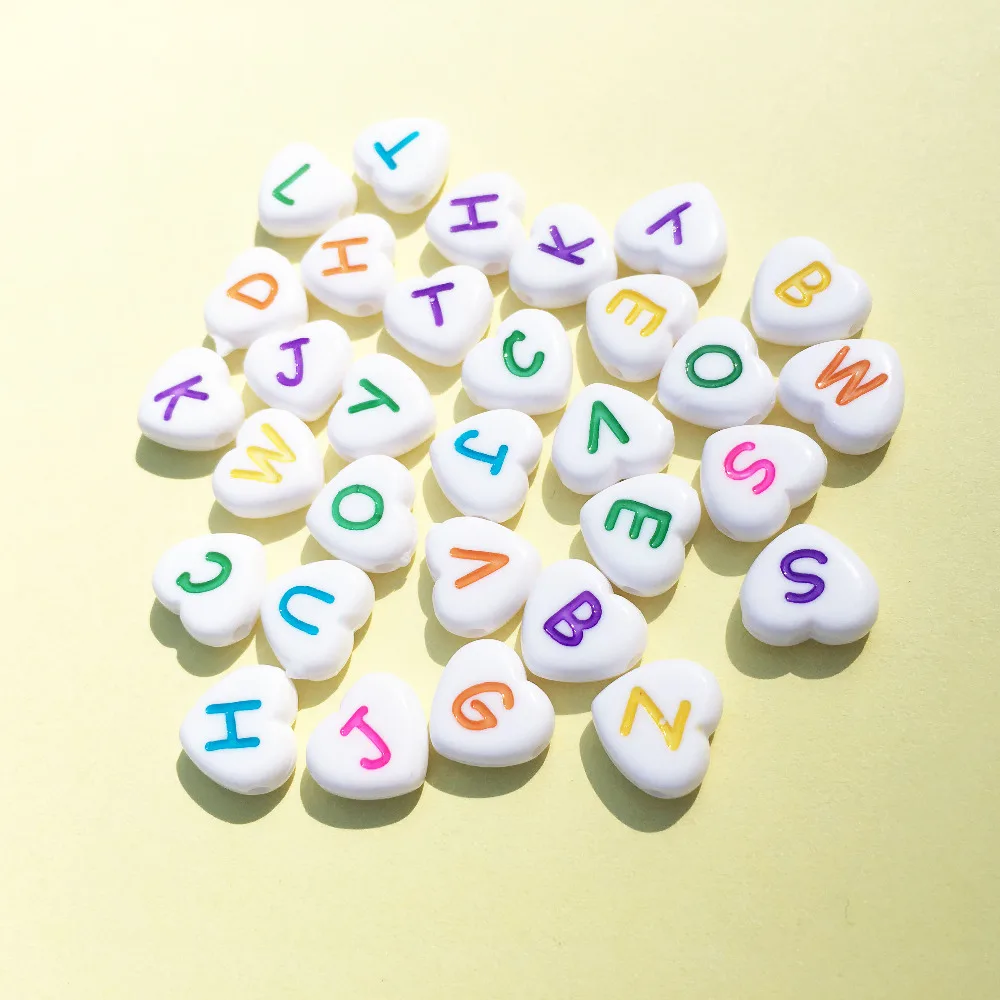 

Free Shipping 4*11MM Love Heart Shape Alphabet Letters Beads DIy Jewelry Findings Plastic White with Colorful Initial A-Z Bead