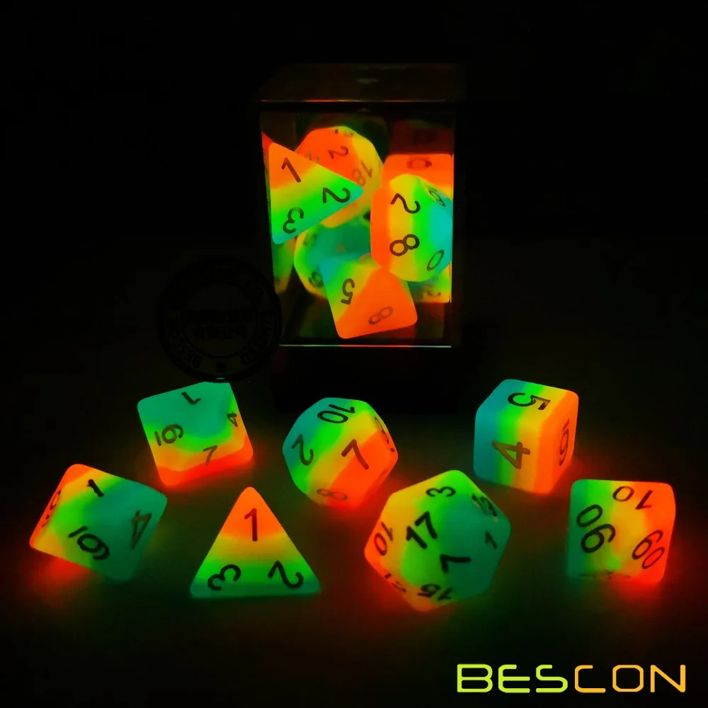 BESCON แฟนตาซีสายรุ้งเรืองแสงลูกเต๋า Polyhedral 7pcs ชุด MIDNIGHT CANDY, Luminous RPG ชุดลูกเต๋าเรืองแสง,novelty DND ลูกเต๋าเกม