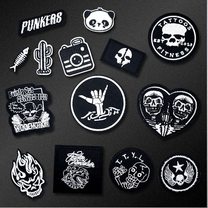 DIY Cartoon Black White Embroidered Cute Badges Hippie Iron On Kids Patches For Clothes Stickers