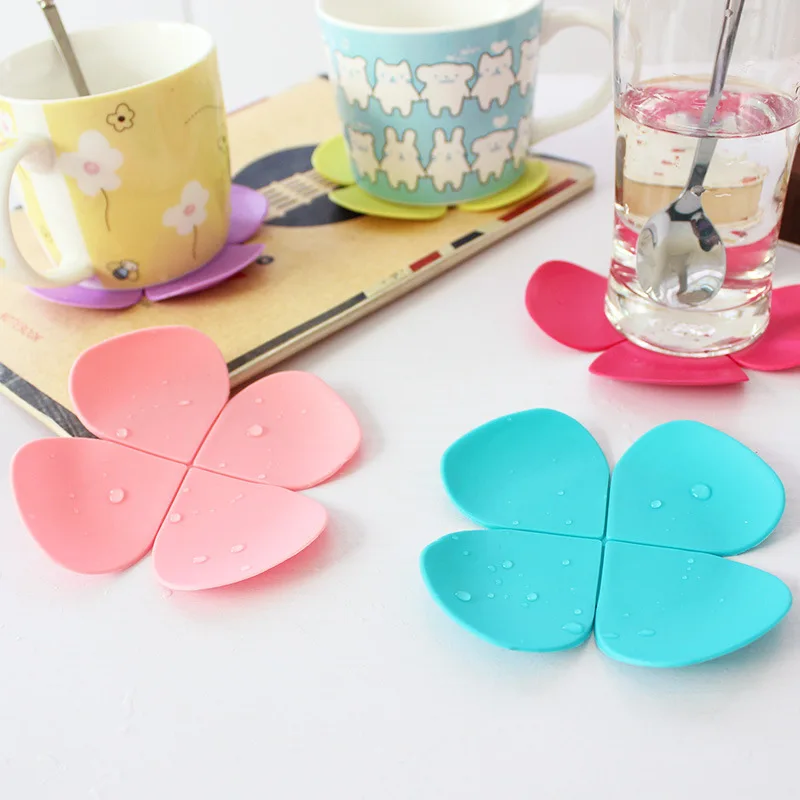 Lucky Silicone Cup mat Cute Colorful Clover Cup Coaster Cup Cushion Holder Drink Cup Placemat Mat Pads Coffee Pad