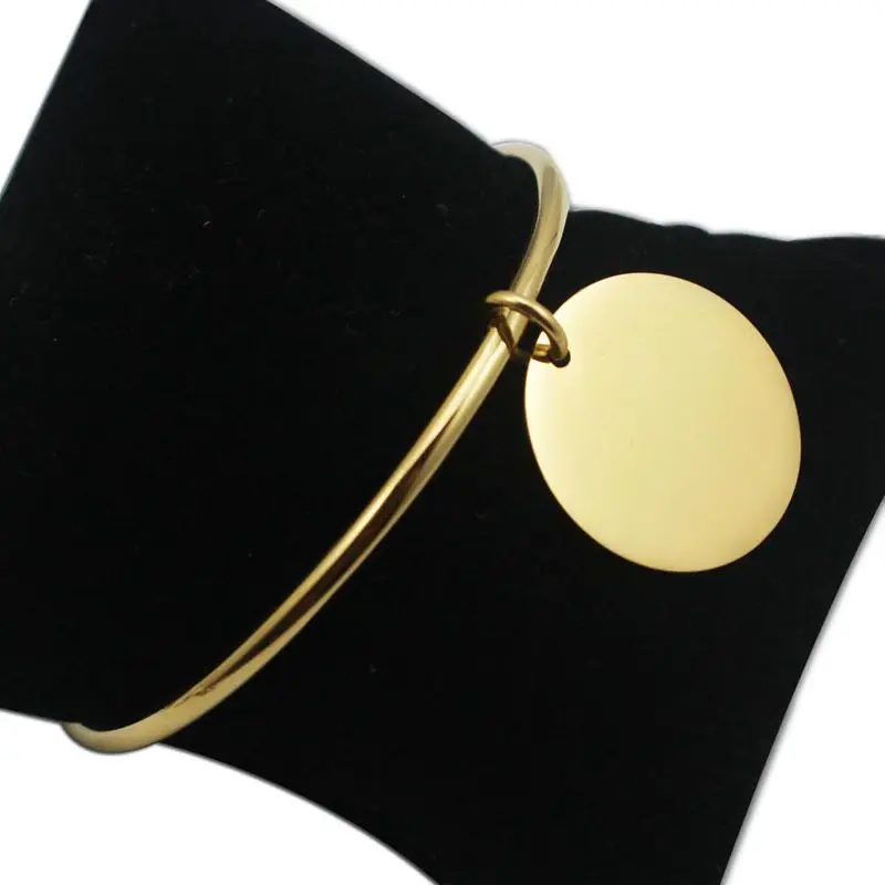 Hot Sale  Gold Color Stainless Steel Simple Round Plain Tag Charm Bangle Bracelet for Women Fashion Jewelry Wholesale