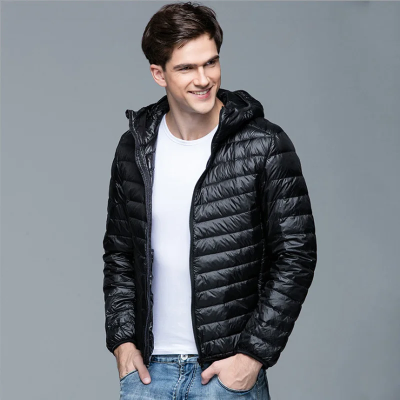 0-10 ℃ Mężczyźni Płaszcz zimowy Moda Kurtki puchowe z kapturem Ultralekki puchowy płaszcz puchowy Przenośne smukłe parki z wypełnieniem z piór 5XL
