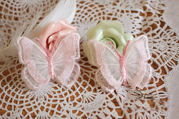 

20pcs 6.2x5.7CM wide pink 3D organza butterfly embroidery lace appliques patches L14M33