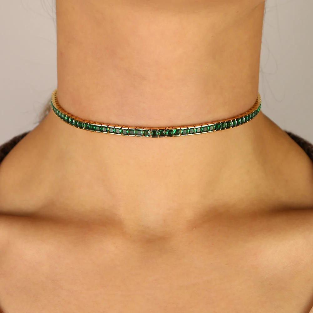 Collar de circonia cúbica para mujer, gargantilla de cadena de tenis de arcoíris verde de 4MM, con capas extendidas de 30 + 10cm, joyería de zirconia cúbica con bisel