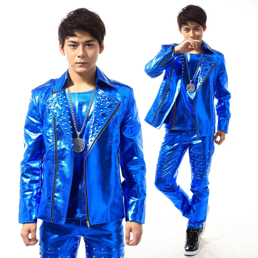 (Jacket+Pants+Vest) Men Blue Rivet Faux Leather Suits Dancer Singer Stage Performance Show Bar Nightclub Costume Outfits Set