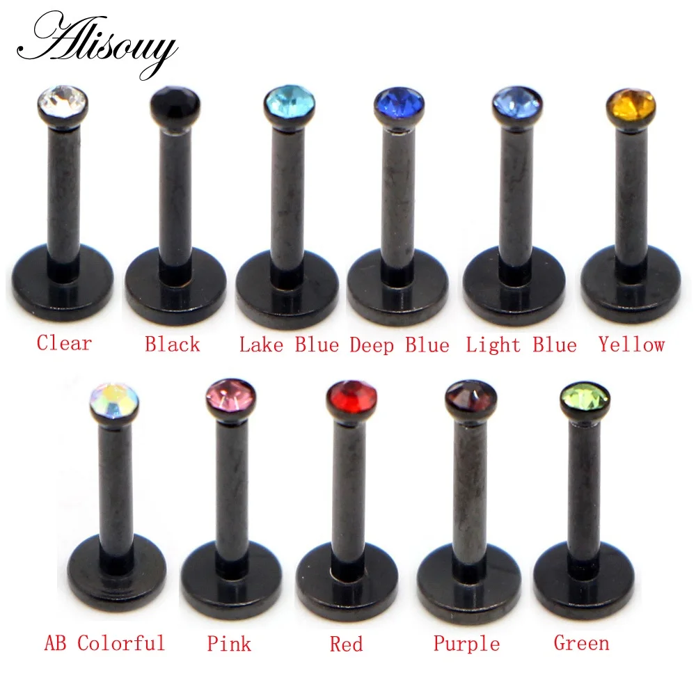 Alisouy 1pc Black Stainless Steel Zircon Crystal Earring Flat Labret Lip Piercing Tragus Rings Helix Ear Stud 8MM Body jewelry