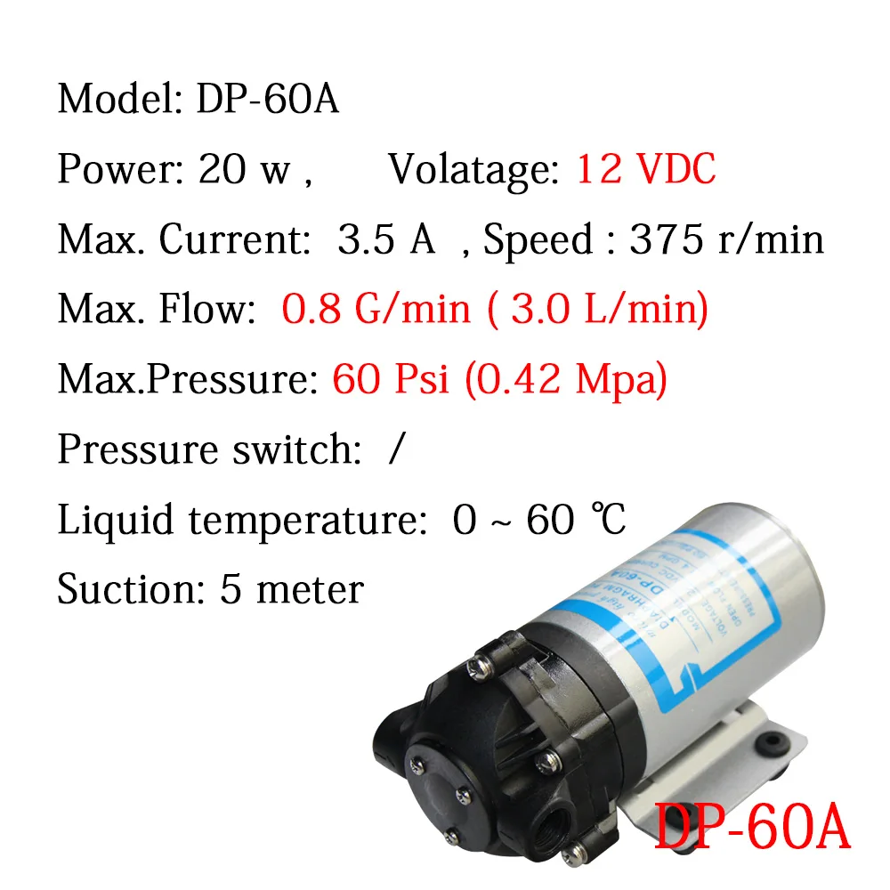 Free Shipping Micro Water Pump 12V DC 20W DP-60A 3L/min High pressure Diaphragm Pumps RO Water System Spray Car Wash